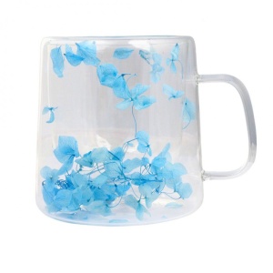 Cană cu flori albastre uscate, pereți dubli, sticlă borosilicată, 300 ml
