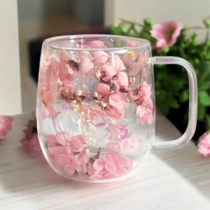Cană cu flori uscate, pereți dubli, sticlă borosilicată, hortensie, 400 ml