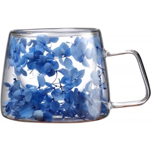 Cană cu hortensii albastre, pereți dubli, sticlă borosilicată, 180 ml, SZK154
