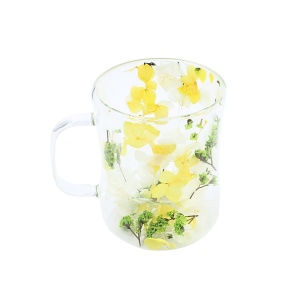 Cană cu inserție de flori uscate alb, galben și verde, hortensie și limonium, pereți dubli, sticlă borosilicată, 200 ml, Aurora Bloom