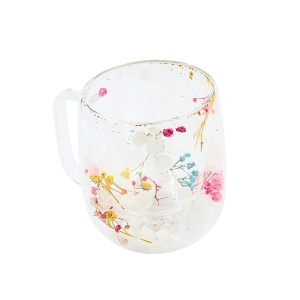 Cană cu inserție de flori uscate, hortensie alba și floarea miresei multicolor, pereți dubli, sticlă borosilicată, 250 ml, Aurora Bloom