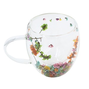 Cană cu inserție de flori uscate, limonium multicolor, pereți dubli, sticlă borosilicată, 250 ml, Aurora Bloom