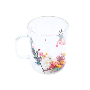Cană cu inserție de flori uscate multicolore, floarea miresei, pereți dubli, sticlă borosilicată, 200 ml, Aurora Bloom