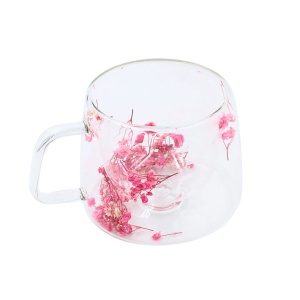 Cană cu inserție de flori uscate roz, floarea miresei, pereți dubli, sticlă borosilicată, 200 ml, Aurora Bloom