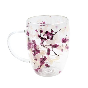 Cană cu inserție de flori uscate roz, hortensie si limonium, pereți dubli, sticlă borosilicată, 350 ml, Aurora Bloom