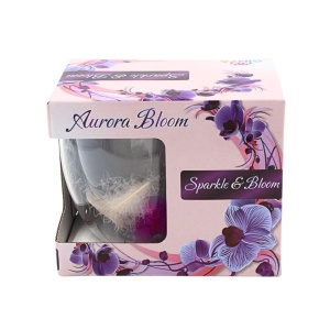 Cană cu inserție de pene mov, roz, albastru și alb, pereți dubli, sticlă borosilicată, 250 ml, Aurora Bloom