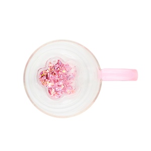 Cană cu model 3D floare roz, pereți dubli, sticlă borosilicată și inserție de sclipici, 300 ml, Aurora Glow