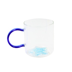 Cană cu model 3D steluță albastră, pereți dubli, sticlă borosilicată și inserție de sclipici, 300 ml, Aurora Glow