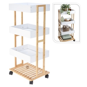 Cărucior de Depozitare cu 3 Rafturi – Structură din Bambus și Tăvi MDF albe – Mobil cu Roți – 87,5 x 40 x 30 cm