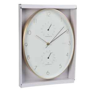Ceas de perete cu stație meteo, 34 cm, alb cu auriu, design modern