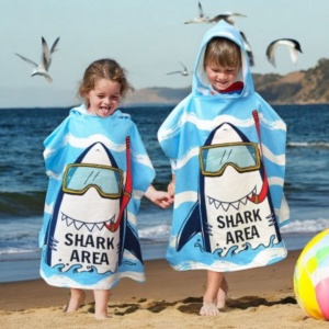 Children's hooded poncho towel, Shark pattern, 60x60 cm, beach cape, blue