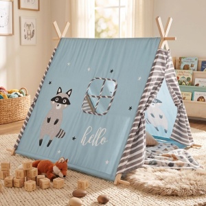 Children's play tent, blue with raccoon print, 101x101x106 cm