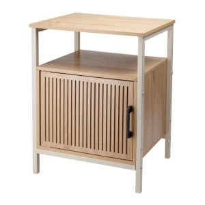 Comodă modernă cu cadru metalic și rafturi MDF, design cu ușă din lemn, 43x33x55 cm, alb și natur