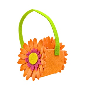 Coșuleț decorativ, pentru Paște, din fetru, model floricică portocalie, 14 cm
