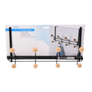 Cuier cu suport pentru ușă din metal negru, cu butoni din lemn 40x22 cm