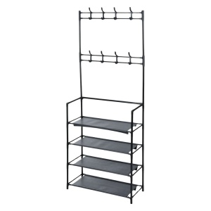 Cuier multifuncțional cu polițe și cârlige, structură metal plus 4 polițe textile, 60x26x155 cm