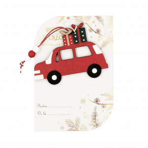 Decorațiune din lemn - mașinuță roșie cu cadouri