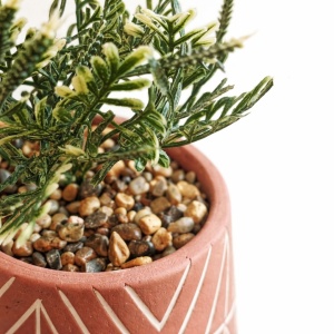 Plantă artificială decorativă 16 cm, în ghiveci ceramic roz cu model alb – design modern