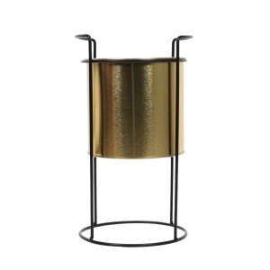 Ghiveci decorativ metalic, cu suport, pentru plante, culoare auriu/negru, 18x18x31 cm