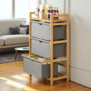 Dulap cu sertare din material Oxford, rafturi bambus, eCarla, 32x45x96 cm, SZ43