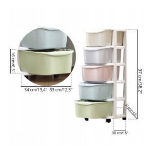 Dulap organizator din plastic, cu 5 sertare, pe roți, Ecarla, 97x38x37 cm, PO10