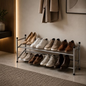 Extendable shoe rack, grey metal, 62–115 x 23 x 38 cm
