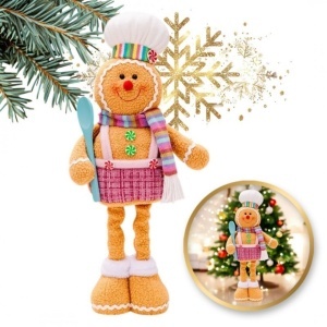 Figurină decorativă, de Crăciun, om de turtă dulce bucătar, picioare telescopice, înălțime reglabilă 34–52 cm, pluș, KSN169