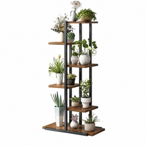 Suport pentru flori și plante, etajeră modernă cu 6 rafturi, 113x60x20 cm, suport ghivece din metal și lemn, negru-maro, pentru balcon, terasă, living sau grădină