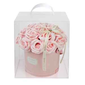Flower box 21 trandafiri parfumați din săpun, cutie transparentă cu mâner, cadou elegant pentru femei, roz, BUK08R