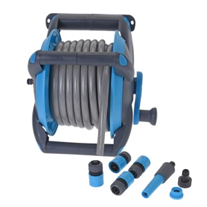 Furtun pe tambur 15 m cu suport de perete și accesorii – set complet irigare grădină, cu manivelă și duză reglabilă