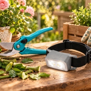 Garden shears set with steel blade and turquoise handle, 18 cm + rechargeable LED headlamp, 3 functions, black