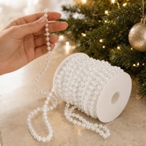 Ghirlandă decorativă, de Crăciun, cu perle albe, 5 m, mărgele perlate de 6 mm, pentru brad și aranjamente festive, WOZ15