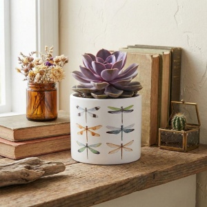 Ghiveci decorativ ceramic, alb cu ilustrații cu libelule, pentru plante și flori, design modern 13.5x12.5 cm