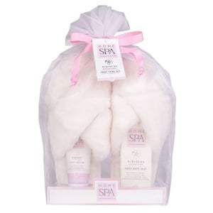 Set îngrijire picioare HOME SPA – Loțiune, Sare de baie și Papuci pufoși, Hibiscus & Unt de Shea, mărime unică 40-41