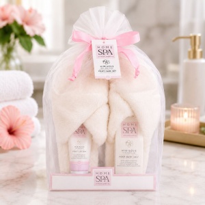 HOME SPA Foot Care Set, Accentra, Lotion, Bath Salt, and Fluffy Slippers, Hibiscus & Shea Butter, One Size (40-41)