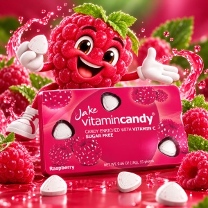 Jake Vitamin Candy – bomboane fără zahăr cu Vitamina C, zmeură, cutie cu 12 blistere, 180 de dropsuri