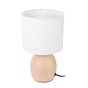 Lampă de masă decorativă cu abajur textil alb și bază ceramică bej, E14