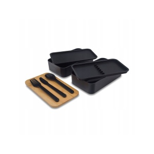 Lunch box dublu, 1.3 l, cu capac din bambus și tacâmuri incluse, 2 nivele, negru, 8.5 x 10.5 x 9.3 cm, eCarla, PJM43