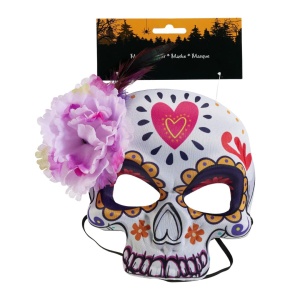 Mască Santa Muerte pentru Halloween, cu floare mov și pene, model craniu mexican multicolor