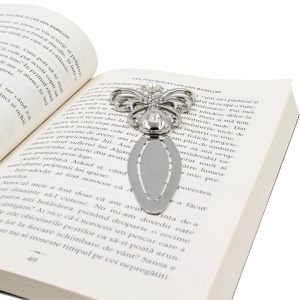 Semn de Carte Metalic Îngeraș cu Perlă și Cristale, 12 x 5 cm, Argintiu, Cadou Elegant pentru Femei, AZAY