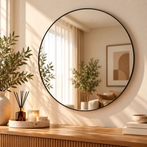 Oglindă de perete, ramă metalică rotundă, culoarea neagră, 75 cm