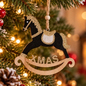 Ornament de Crăciun, din lemn - Balansoar căluț XMAS, negru - House of Seasons