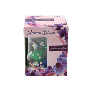 Pahar cu inserție de pene mov, verzi și biluțe colorate pastel, pereți dubli, sticlă borosilicată, 200 ml, Aurora Bloom