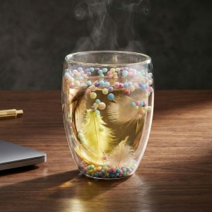 Pahar cu inserție de pene și biluțe colorate pastel, pereți dubli, sticlă borosilicată, 300 ml, Aurora Bloom