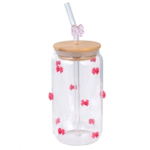 Pahar din sticlă borosilicată, cu capac din bambus, pai și fundițe, 460 ml, eCarla, SZK135