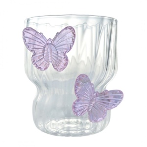 Pahar din sticlă borosilicată, cu pereți ondulați și fluturași mov, 260 ml, eCarla, SZK162