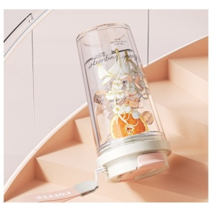 Pahar reutilizabil cu capac, pai și baretă de transport, imprimeu floral, 550 ml, PC + PP, eCarla, BD29