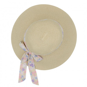 Pălărie de plajă damă Tiara, crem cu fundă florală, boruri largi, elegantă, ușoară și respirabilă, protecție solară, diametru 41 cm