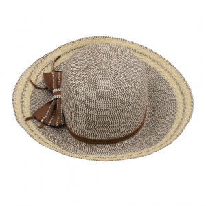 Pălărie de plajă damă Tiara, gri cu fundă maro, boruri largi, elegantă, ușoară și respirabilă, protecție solară, diametru 37 cm