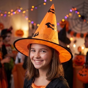 Pălărie de vrăjitoare, pentru Halloween, cu lilieci, culoarea portocaliu